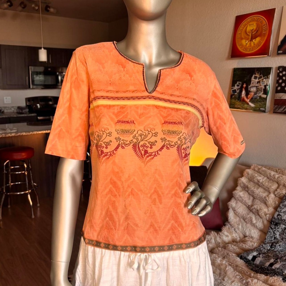 90's Vintage Columbia Vertex Boho Floral Print Top Orange Coral Women's M ⛰️🌿